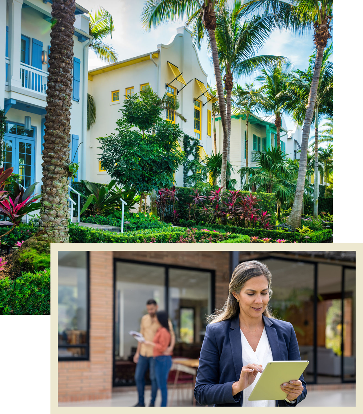 Woman with tablet outside colorful tropical buildings.