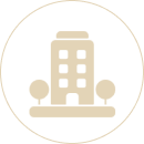 Minimalist beige building icon with trees inside a circular border.
